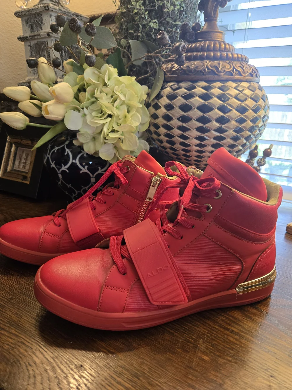 ALDO Women's Red High-Top Sneakers with Gold Heel Trim